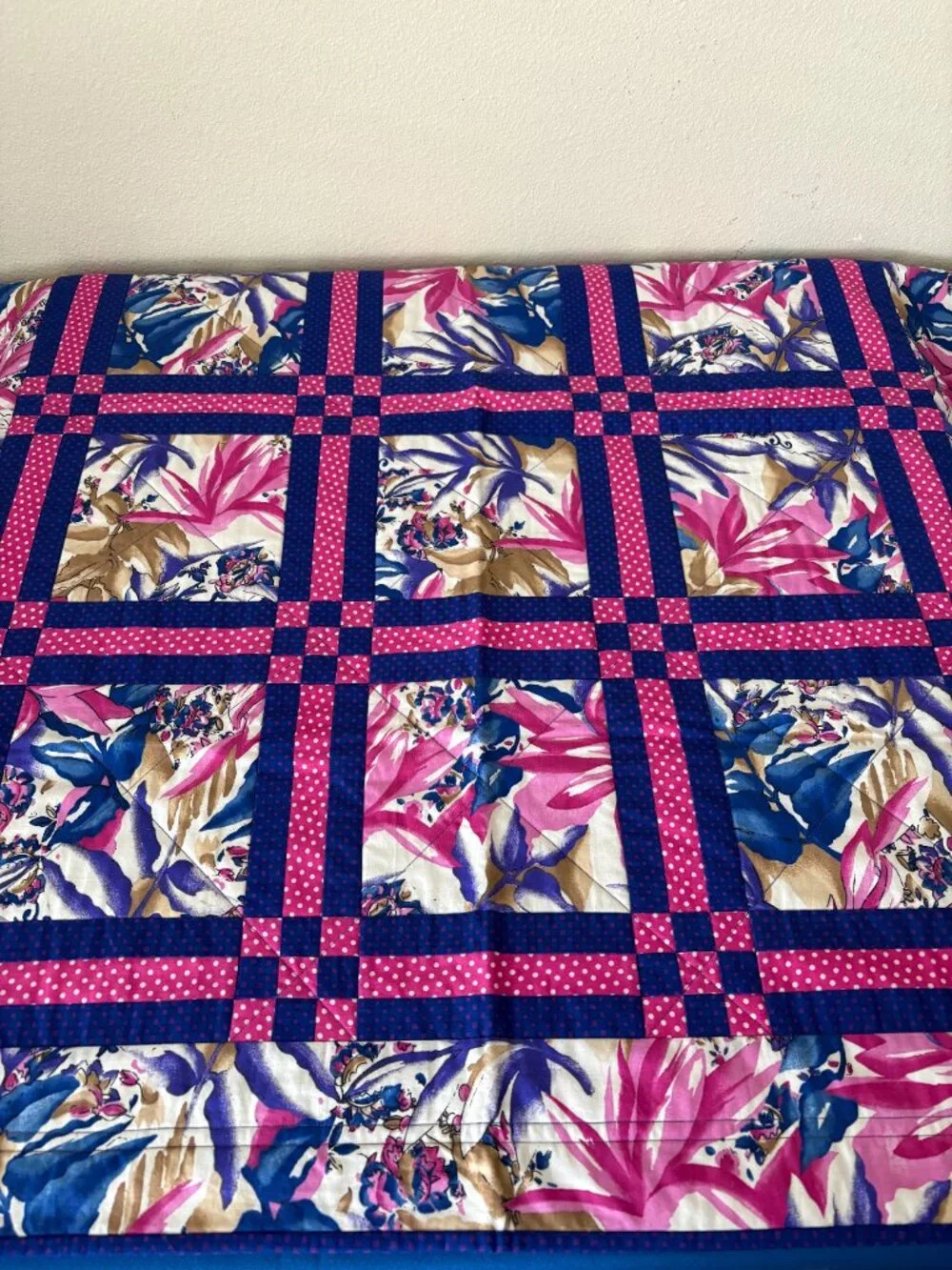 Handmade Quilt Kaleidoscope Floral Squares Cornerstones Pink Purple Lap Throw